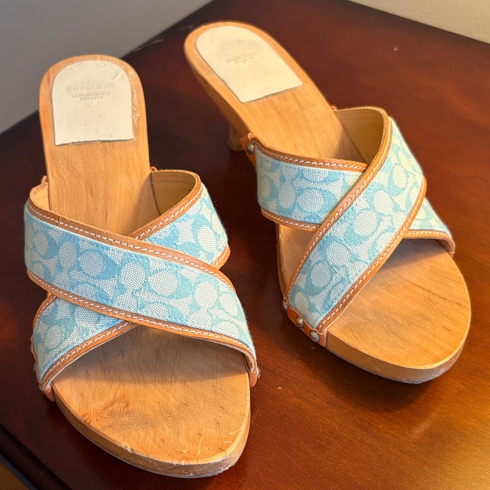 Women's Blue Coach Sharon sandal with wooden heel size 9M